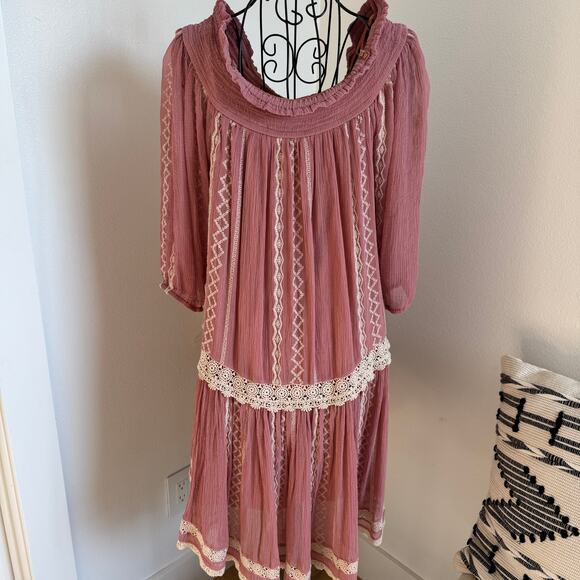Anthropologie Floreat Orchard Pink Off Shoulder Boho Romantic Chiffon Mini Dress - Picture 4 of 10